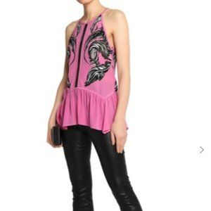 ROBERTO CAVALLI RUFFLED LACE-TRIMMED PINK SILK CAMISOLE